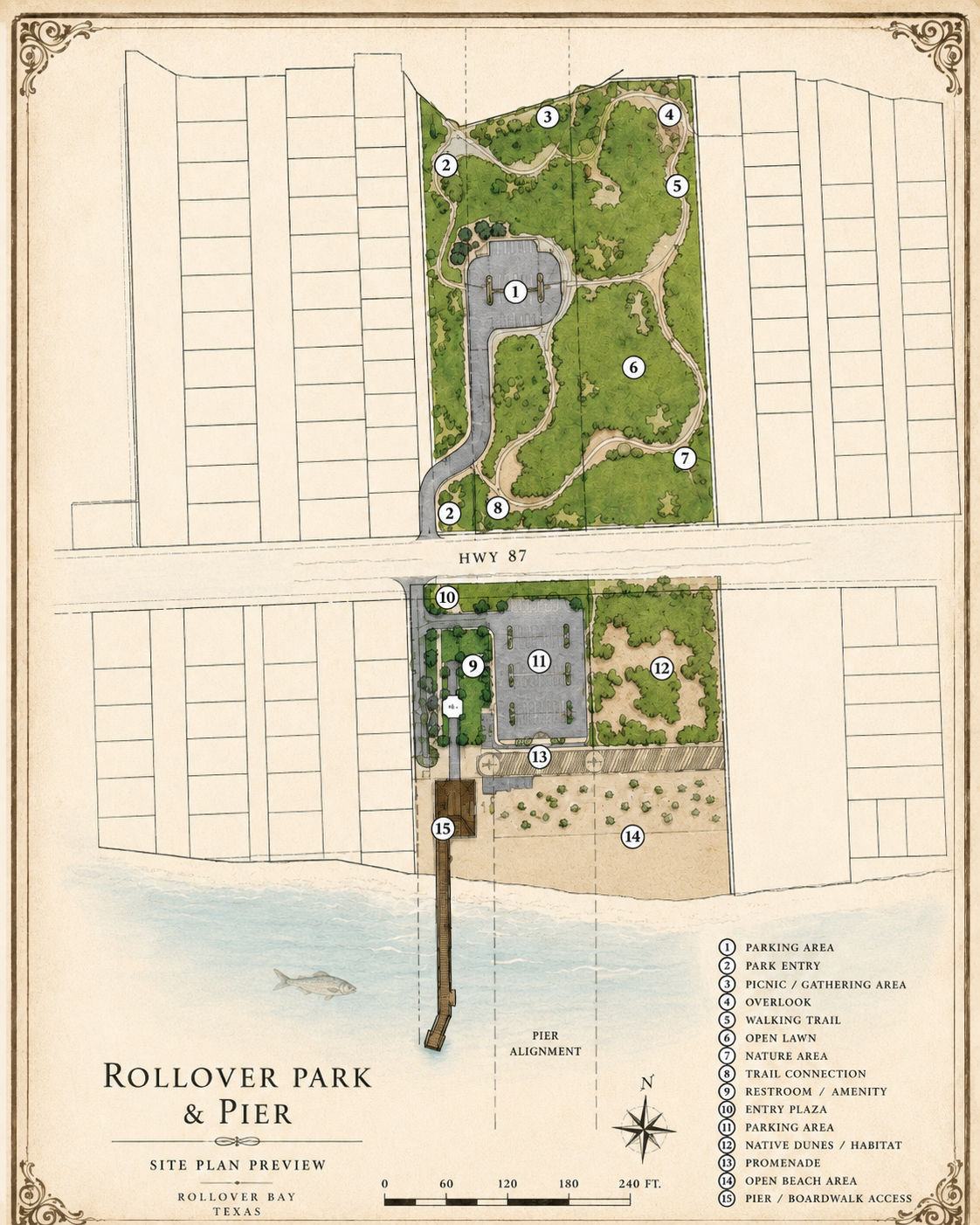 AI-rendered Rollover Pass park and pier site plan preview based on public planning materials